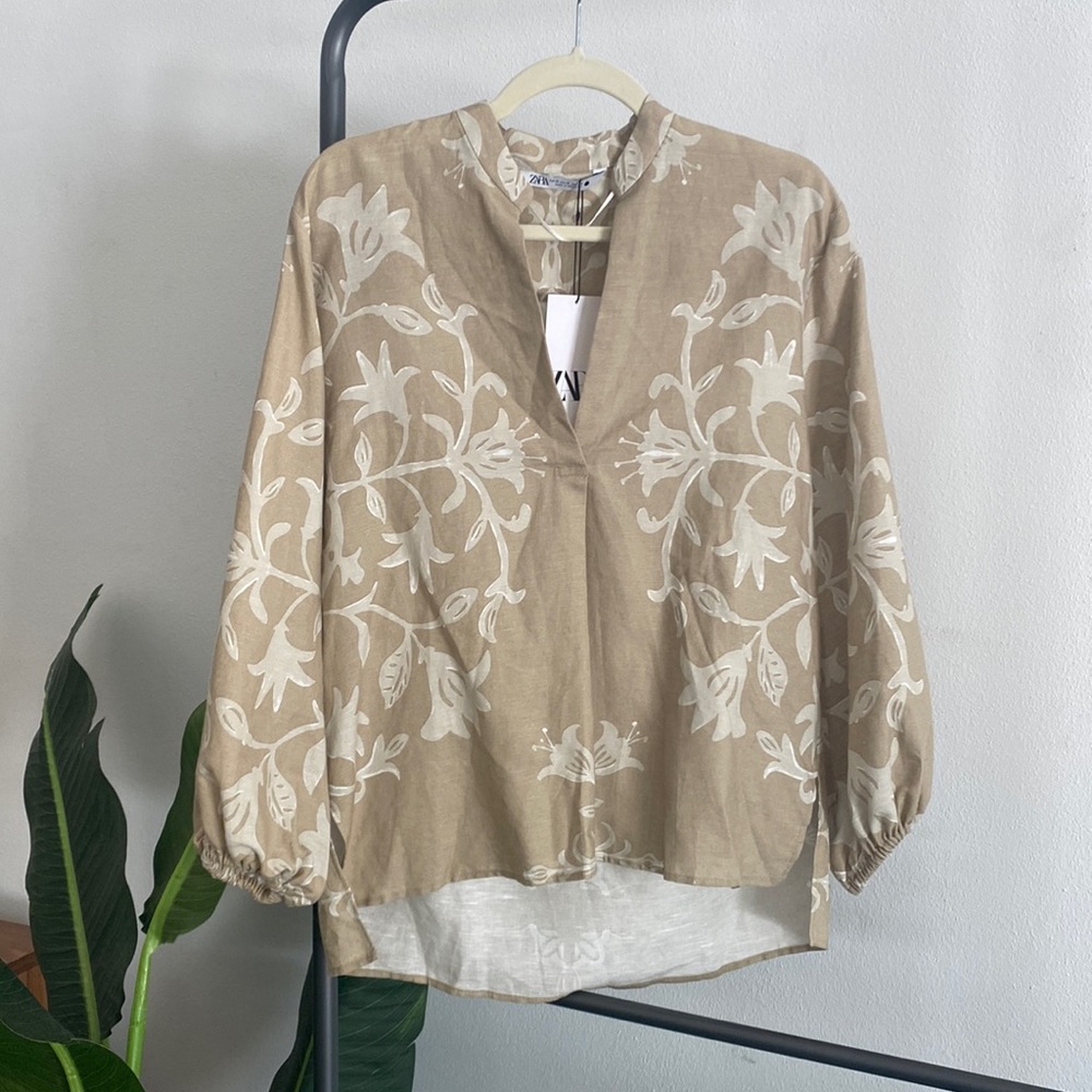 NWT Zara printed linen cotton blend tunic with balloon sleeve size MD